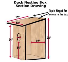 the measurements for a wooden nesting box with section drawing and top is angled for access to the box