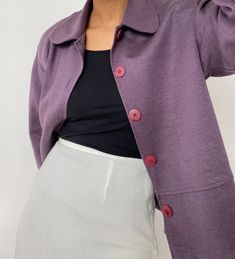 "Vintage purple jacket. Made in USA. In great condition, minimal wear. Measurements: Size: M Shoulder to shoulder: 18\" Length: 22.5\" Sleeve: 21\" Material: 86% Acrylic 14% Polyester Vintage and pre-loved items are one of a kind and may have minor imperfections. The color of the item may vary slightly due to lighting. The model in the photos wears a size XS/S and is 5'3\". We cannot be certain that an item will fit you. Please refer to the measurements. All Sales Final" Purple Winter Blazer With Button Closure, Winter Purple Blazer With Button Closure, Single Breasted Purple Outerwear For Fall, Purple Single-breasted Outerwear For Fall, Fall Purple Single Breasted Outerwear, Casual Purple Collared Outerwear, Purple Outerwear With Button Closure For Work, Purple Button-up Outerwear For Work, Purple Button-up Outerwear With Pockets