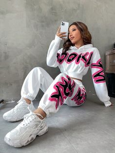 Women Spring And Autumn Letter Printed Long Sleeve Hooded Sweatshirt And Casual Sweatpants Set, Ladies Spring/Fall Casual Long Sleeve Regular Fit White Drop Shoulder Sweatshirt Sweatpants Women Two-Piece Outfits, Casual Daily Wear White Casual  Long Sleeve Fabric Letter,All Over Print  Medium Stretch  Women Clothing, size features are:Bust: ,Length: ,Sleeve Length: Sweatpants Shein, Drop Shoulder Hoodie, Trendy Hoodies, Drawstring Waist Shorts, Sweat Joggers, Casual Sweatpants, Dropped Shoulder Sweatshirt, Hoodie And Sweatpants, Sweatpants Set