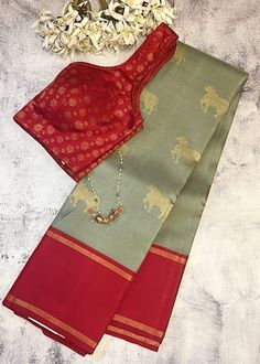 very nice colour combination. Sage Green Kanchipuram Saree, Silk Sarees Kanchipuram, Unique Saree, Pearl Blouse, Saree Styling, Kalamkari Fabric, Kanchi Sarees, Kanjeevaram Sarees, Silk Sarees With Price