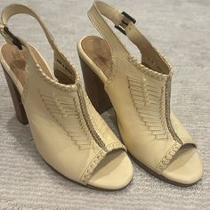 Frye Heels, Open Toe, Cream Color, Size 7.5. No Tags But Never Worn Cream Open Toe Heels With Deep Heel Cup, Cream Leather Open Heel Heels, Cream Open Toe Block Heels With 4-inch Heel, Cream Open Toe Sandals With 4-inch Heel, Beige Open Toe Slingback Pumps With 4-inch Heel, Frye Shoes, Cream Color, Open Toe, Shoes Women Heels