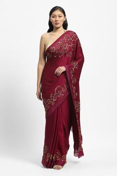 Wine saree embroidered with floral gold zari and sequins. Comes with matching running blouse piece. - Aza Fashions Bollywood Style Embroidered Pre-draped Saree For Diwali, Embroidered Art Silk Pre-draped Saree, Designer Art Silk Pre-draped Saree With Zari Work, Festive Silk Pre-draped Saree With Dori Work, Elegant Embroidered Art Silk Pre-draped Saree, Designer Bollywood Pre-draped Embroidered Saree, Bollywood Style Designer Embroidered Pre-draped Saree, Embroidered Chanderi Pre-draped Saree For Reception, Resham Embroidered Blouse Piece For Diwali