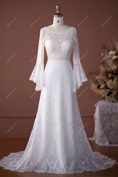 Boho Lace Bell Sleeves Scalloped Neck Mermaid Summer Bridal Dress #weddingdress #bridaldress #designerweddingdress #springweddingdress #fallweddingdress #autumnweddingdress #winterweddingdress Wedding Dress With Bell Sleeves, Bell Sleeve Wedding Dress, Fantasy Wedding Dresses, Mermaid Summer, Lace Bell Sleeves, Party Dress Inspiration, Wedding Dress Necklace, Lace Motifs, Spring Wedding Dress