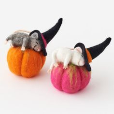 two small stuffed animals are sitting on top of pumpkins, one is gray and the other is orange