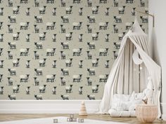 Mary Wallpaper In Nursery Room With White Tent & Wooden Toys Sheep In A Field, Mary Wallpaper, Kids Bedroom Wallpaper, Standing In A Field, Whimsical Wallpaper, Washable Wallpaper, Minimal Vintage, Field Wallpaper, Wallpaper Textured