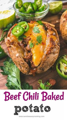 beef chili baked potato with jalapenos on the side and text overlay