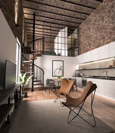 a living room filled with furniture and a spiral staircase next to a brick wall in front of a flat screen tv