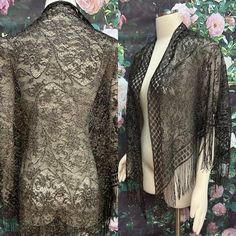 "Vintage 1970's triangular evening shawl has black floral netted lace with sparkly gold Lurex woven in. Extra large shawl measures 73\" wide and 45\" long with 5 inch fringe. Excellent condition with no damage. Please see photos for more details. All items are vintage that are preowned. All of the items may show some form of wear due to their age. Please kindly remember that these items are anywhere from 30-80 years old. I make every attempt to clearly describe the item, including any flaws or w Fringed Shawl For Party, Vintage Fringe Shawl For Festivals, Fitted Evening Shawl, Sheer Shawl For Evening, One Size Lace Shawl, Beaded Pouch, Cave Creek Az, Evening Shawls, Flower Purses