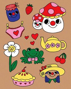 an image of some cartoon characters with hats and flowers on the side, including a frog, ladybug, cupcakes