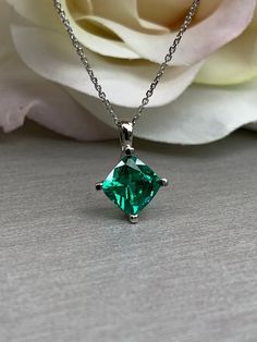 Cushion Cut Ladies Necklace / Green Emerald Bridal Gift / Gift Ideas For Her / Anniversary Gift / 14k White Gold / #6160 #EmeraldNecklace #HolidayGift #GiftIdeasForHer #CushionCut #LadiesGift #18InchesChain #AnniversaryGift #BirthdayGift #MothersDayGift #BridalGft White Gold Jewelry With Asscher Cut May Birthstone, White Gold Asscher Cut Jewelry For May Birthstone, Classic Green Birthstone Necklace For Formal Occasions, Classic Green Birthstone Necklace For Formal Events, Cushion Cut Birthstone Jewelry Gift, Cushion Cut Birthstone Jewelry For Gifts, Cushion Cut Green Jewelry For Anniversary, Green Cushion Cut Jewelry For Anniversary, Green Cushion Cut Jewelry For May Birthstone