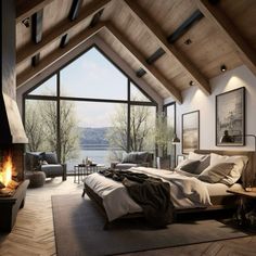 a bedroom with a large bed and fireplace in it