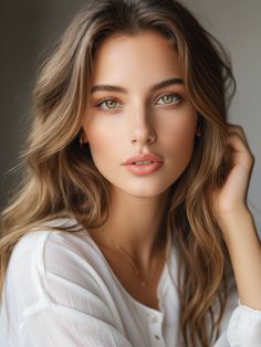 a woman with long hair and green eyes posing for the camera, wearing a white shirt