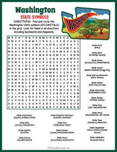 the washington state symbols word searcher is shown in this green and white printable