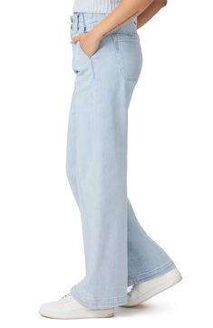 A powdery light wash furthers the vintage vibe of soft, stretchy wide-leg jeans featuring a pleated high waist and sleek seam details. 30 1/2" inseam; 22" leg opening; 11" front rise; 15" back rise (size 29) Zip fly with two-button closure Front slant pockets; back patch pockets 93% cotton, 5% polyester, 2% spandex Machine wash, line dry Imported High Waist Wide Leg Jeans, Hairstyling Products, Rollerball Perfume, Fragrance Design, Vintage Vibe, Fabric Gift Bags, Nordstrom Store, Fabric Gifts, Free Fabric