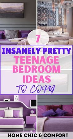 purple and white bedroom with text overlay that reads, 7 insanely pretty teenage bedroom ideas to copy