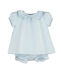 Elevate your little one's wardrobe with the Casero & Associates Pintucks & Lace Bishop outfit. Crafted in delicate light blue with a ruffle collar and matching bloomers, this luxury ensemble exudes sophistication and charm. Perfect for baby and newborn girls, it is designed to make a statement and capture attention. Spring Light Blue Ruffled Sets, Blue Cotton Ruffle Sets, Blue Cotton Ruffled Sets, Light Blue Ruffled Sets For Summer, Blue Short Sleeve Sets For Daywear, Spring Baptism Ruffled Sets, Fitted Sets With Ruffles For Daywear, Light Blue Fitted Short Sleeve Sets, Blue Sets For Spring Daywear