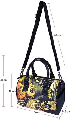 Horror B Movie Cartoon print Zipper Closer on top Bowler style handbag Small Bowling Bag: Approximately 7"H x 10"W x 5.5"D (Inches) Comes with detachable shoulder strap Fully Lined with one inside zipper pocket. Full Zipper Enclosure with embossed pulls Gothic Bags With Zipper Closure For Alternative Fashion, Gothic Bags With Zipper Closure For Alternative Style, Gothic Black Bag With Zipper Closure, Black Zipper Closure Shoulder Bag For Halloween, Alternative Style Halloween Bags For Daily Use, Alternative Halloween Bags For Daily Use, Black Halloween Shoulder Bag Satchel, Black Satchel Shoulder Bag For Halloween, Black Shoulder Bag Satchel For Halloween