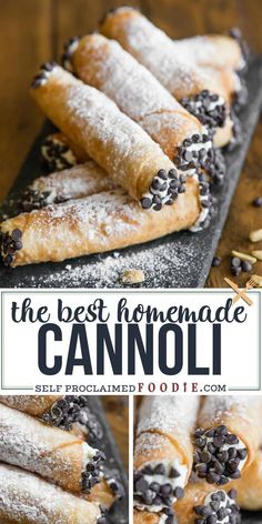 the best homemade cannoli recipe with chocolate chips and powdered sugar