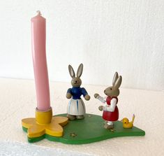 Small Candle Holder Ore Mountain Painted Easter Bunny Girls - German Specialty Imports llc Painted Easter Bunny, Two Bunnies, Bunny Girls, Easter Bunny Girl, Small Candle Holders, Yellow Bird, Small Candles, Bunny Girl, Wearing Dress