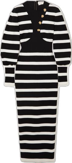 Striped Mini Dress For Winter, Chic Striped Ribbed Midi Dress, Chic Ribbed Striped Midi Dress, Fall Striped Knee-length Midi Dress, Striped Fitted Knee-length Midi Dress, Fitted Striped Knit Dress, Striped Ribbed Midi-length Dress, Fitted Striped Midi Dress For Fall, Black Dresses With Contrast Stripes