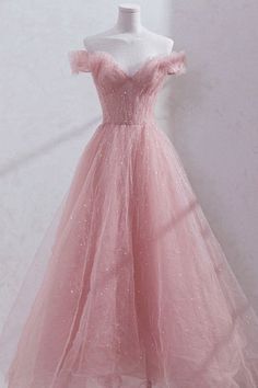 Shiny Sequins Off Shoulder Tea Length Pink Prom Dresses, Off the Shoulder Pink Formal Evening Dresses Pink Ball Dress Aesthetic, Prom Tulle Dresses, Aesthetic Pink Prom Dress, Grad Dresses Pink, Pink Grad Dresses, Pink Grad Dress, Pastel Pink Dresses, Pink Tulle Evening Dress, Pink Prom Gown