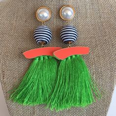 Super Fun Tassel Earrings. Pear Post With Black And White Wrapped Bead And Green Tassel With Salmon/Orange Accent Make A Statement With These Earrings! Nwot Orange Earrings For Spring Beach Outing, Summer Orange Tassel Earrings Gift, Orange Tassel Jewelry For Summer, Green Tassel Earrings For Summer, Orange Fringe Tassel Earrings For Summer, Green Beaded Tassel Drop Earrings, Green Tassel Earrings With Colorful Beads, Green Tassel Beach Earrings, Green Tassel Earrings