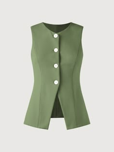 Chic V-neck Vest With Button Closure, Chic V-neck Buttoned Outerwear, Sleeveless Solid Outerwear With Button Closure, Chic V-neck Outerwear With Buttons, Sleeveless Buttoned Office Top, Sleeveless Outerwear With Button Closure, Sleeveless Buttoned Tops For Office, Sleeveless Tops With Snap Buttons For Work, Chic Sleeveless Top With Snap Buttons