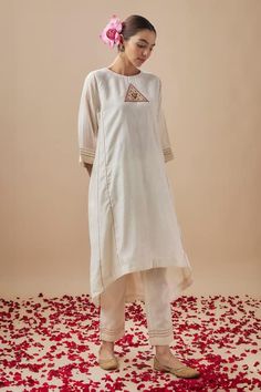 Buy Ivory Chanderi Silk Lining Cotton Prism Fleur Anarkali With Pant For Women by Cupid Cotton Online at Aza Fashions. High Low Anarkali, Pant For Women, Cotton Kurti, Pants Pattern, Cut Work, Pant Set, Set For Women, Anarkali, Aza Fashion