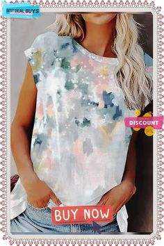 Women's T Shirt Tee Blue Green Gray Floral Tie Dye Print Short Sleeve Holiday Weekend Basic Round Neck Regular Floral Painting S Multicolor Sleeveless T-shirt For Summer, Multicolor Sleeveless T-shirt, Women's Outfits By Occasions, Print Shorts, Holiday Weekend, Grey Floral, Tie Dye Print, Floral Painting, Floral Tie