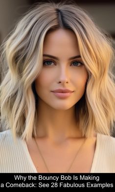 The bouncy bob is making a comeback, and for good reason—it's the epitome of youthful energy and timeless sophistication rolled into one. With voluminous Beachy Bob With Bangs, Bouncy Bob, Wavy Hairstyles, Bob With Bangs, Beach Waves, Red Nails, Wavy Hair, Bob Hairstyles