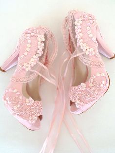 "Baby pink lace embellished wedding shoes for bride and bridesmaids, custom heel heights available. Feel yourself like a princess in these pink wedding heels! Fairy tale weddings or elegant receptions, these shoes compliment your wedding dress beautifully. Custom wedding gift, pink bridesmaids shoes, personalized engagement gift. Light pink satin bridal shoes are designed with embroidered lace. Pink beads and sequins are used on the embroidery and organza ribbons tie on the front. They are made Pink Wedding Heels, Pink Bridesmaid Shoes, Coquette Kitten, Pink Bridal Shoes, Embellished Wedding Shoes, Baby Pink Wedding, Lace Wedding Shoes, Wedding Shoes For Bride, Custom Heels