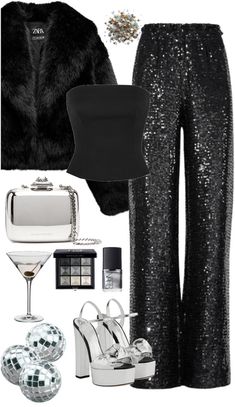 🪩🪩 Outfit | ShopLook Silver Sandals Heels, Metallic Clutch Bag, Grey Eyeshadow, Cocktail Party Outfit, Prada Top, Girls Night Party, Metallic Clutch, Eyeshadow Pallets, Silver Sandals