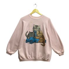 "Code : p/366 Vintage 90s Tultex Cat Pink Sweatshirt Size Xlarge Cat Animal Crewneck Animal Sweater Pullover Print Logo Animal Lover Cat Vintage Jumper Size on Tag :  XL Details Measurement  Arm Pit to Arm Pit : 23\"inches Back Collar to Hem : 26\"inches Condition :  Great Vintage Condition(Used Clothing).No Holes But Have Stain.Please refer pictures detail.‼️" Oversized Cat Print Crew Neck Top, Oversized Crew Neck Tops With Cat Print, Animal Sweater, Logo Animal, Cat Vintage, Cat Sweater, Vintage Pullover, Animal Sweatshirt, Vintage Jumper