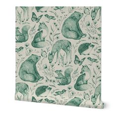 a green and white wallpaper with animals on it