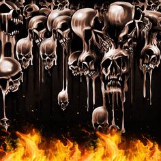 a bunch of skulls that are on fire