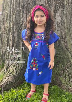 This Beautiful Girls Mexican Dress is perfect for a birthday party or special event. This Embroidered Children's Dress comes with a Matching Mommy and Me Option found here: https://www.etsy.com/es/listing/818288661/vestido-mexicano-mami-y-yo-vestido?ref=listing_published_alert Festive Blue Dress With Embroidered Neckline, Spring Embroidered Dress For Dress-up, Blue Embroidered Festive Dress For Spring, Blue Embroidered Dress For Spring Festive Occasion, Blue Embroidered Dress For Spring Festival, Fitted Summer Celebration Dress, Short Sleeve Dresses For Spring Celebration, Fitted Summer Dress For Celebrations, Multicolor Embroidered Dresses For Celebration