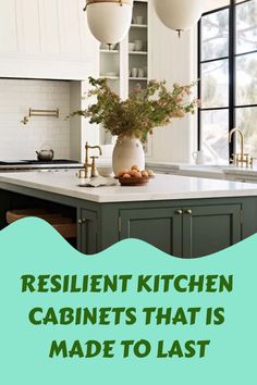 a kitchen with green cabinets and an island in front of the countertop is shown