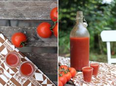 there are tomatoes and juices on the table