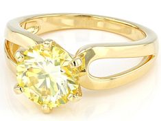 Moissanite Fire(R) Yellow 2.70ct diamond equivalent weight round brilliant, 14k yellow gold over sterling silver ring. Measures approximately 3/8" L x 1/16" W and is not sizeable. Actual moissanite weight is 2.26ct. Yellow Diamond Solitaire Jewelry, Yellow Solitaire Diamond Jewelry, Yellow Solitaire Round Cut Jewelry, Yellow Solitaire Round Jewelry, Yellow Moissanite Round Cut Jewelry, Yellow Round Cut Moissanite Jewelry, Yellow Round Moissanite Jewelry, Popular Jewelry, Moissanite Jewelry