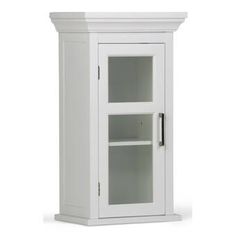 a white cabinet with glass doors and shelves