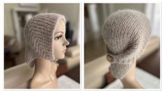 two pictures of a mannequin head wearing a knitted hat