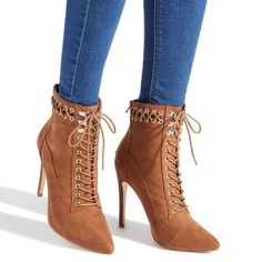 Maggie Booties Cognac Color Lace-Up Nib Heeled Booties. Chic Pointed Toe Bootie With A Lace-Up Front, Corset Detail On The Cuff, And Metal Hardware Accents. These Are Warm, Cushioned And Made For All-Day Wear And To Look Amazing They Also Zip Up The Back For Easy On And Off So Just Lace Them Up The Way You Like & Zip Them Off. Never Tried On Even So Truly New In The Box! Why Pay Retail When You Can Buy From Us For Less It's The Fairy Way ;) Material: Faux-Leather Outside Heel Height: 4.5" Closur Brown High Heel Lace-up Boots For Party, Brown Pointed Toe Lace-up Boots For Fall, Brown Lace-up Boots With Pointed Toe For Fall, Ankle-high Heels With Laces For Fall, Chic Brown Lace-up Boots With Pointed Toe, Brown Pointed Toe Lace-up Boots With Reinforced Heel, Brown Lace-up Boots For Fall Party, Fall Brown Lace-up Party Boots, Fall Party Brown Lace-up Boots