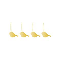 three yellow bird ornaments hanging from strings