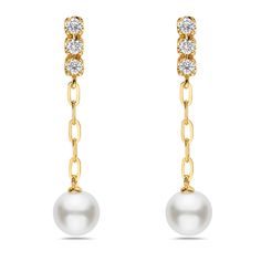 Delicate in design, these stunning drop earrings from Bassali will add shimmer and sparkle to your look. Meticulously hand-set in 14k yellow gold, these earrings boast luminous freshwater cultured pearls that drop from diamond-adorned tops. The diamonds are 1/6ctw, I or better in color, and I2 or better in clarity. These earrings measure 25mm in length. Elegant Yellow Gold Drop Diamond Earrings, Gold Diamond Pearl Earrings With Prong Setting, Gold Pearl Earrings With Prong Setting, Yellow Gold Diamond Earrings With Pearl Drop, Timeless Gold Diamond Pearl Earrings, Yellow Gold Diamond Pearl Earrings Fine Jewelry, Yellow Gold Diamond Pearl Earrings, Elegant Yellow Gold Dangle Bridal Earrings, Timeless Yellow Gold Dangle Pearl Earrings