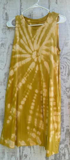 Women's size large 12/14 tank dress, yellow gold reverse tie dye dress, hippie dress, dress with pockets, bleached dress, #2202 Looking for something a little different? Send me a message and we can plan out your perfect dress. :)  For an ongoing gallery, please find us on Facebook! All work past and present. :) https://www.facebook.com/FitToBeDyed83 Also now on Instagram and TikTok as @fittobedyed!   Fellow crafters and artists, i adore barter! LMK if we can work something out. :) Every single item in my shop is processed by me. They are pre-washed, hand tied, hand dyed, hand washed, then machine washed and dried. I use dye- and fragrance-free detergents and fabric softeners, due to the rising number of people with chemical sensitivities. Dress made in July 2024. Summer Tie-dye Dress With Natural Dye, Summer Tie Dye Dresses With Natural Dye, Summer Tie Dye Dress With Natural Dye, Flowy Hand-dyed Tie Dye Dresses, Flowy Hand-dyed Tie-dye Dresses, Flowy Tie-dye Dress, Hippie Hand Dyed Summer Dresses, Hippie Hand-dyed Summer Dresses, Summer Tie-dye Maxi Dress With Natural Dye