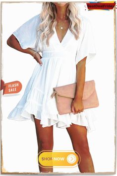 Bestdealfriday White V Neck Ruffle Layered Swing Mini Dress with Waist Belt P1482666 White V-neck Ruffle Dress For Day Out, Feminine Ruffle Dress For Beach, Elegant Summer Ruffle Dress For Day Out, Flowy Mini Dress With Ruffle Sleeves, Chic Flowy Ruffle Summer Dress, Flowy Ruffle Sleeve Dress, Chic Flowy Ruffle Dress For Summer, Trendy Solid Dresses With Ruffles, Trendy Solid Dress With Ruffles