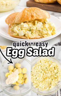 an egg salad is shown on a white plate with the words, quick and easy egg salad