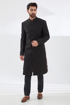 Black quilted button down sherwani in georgette base. Paired with a kurta and trouser. - Aza Fashions Black Sherwani, Band Collar, Black Quilt, Quilt Sets, Aza Fashion, Trousers, For Men, Band, Collar