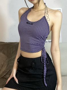 Description Material Polyester Style Sexy Fit Type Slim Sleeve length Sleeveless Pattern Type Gingham Color Purple Collar type Halter Weight 0.1kg Length Short Season Summer Size S.M.L Size & Fit Size Guide (unit：cm) Size Bust Length S 68-88 27.5 M 72-92 28 L 76-96 28.5 Note: The size may have 1-3cm differs to manual measurement please note when you mearsure. Free Return & Exchange FREE RETURNS on all US orders! The following conditions must be me... Chain Clothing, Egirl Fashion, Egirl Clothes, Purple Collar, Tank Top Women, Club Tops, Top Women, Cropped Tank Top, Crop Tank