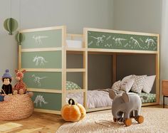 a child's bedroom with bunk beds and toys